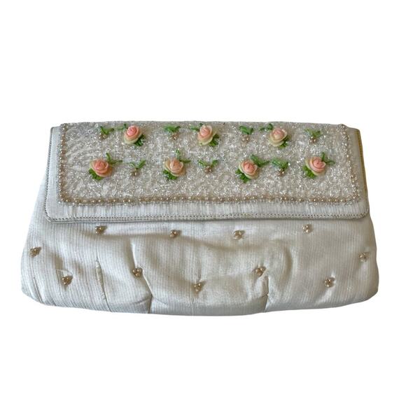 Vintage 1950s Soure Beaded Envelope Clutch Bag Silk 3D Roses Cream Pink GUC - Picture 11 of 11